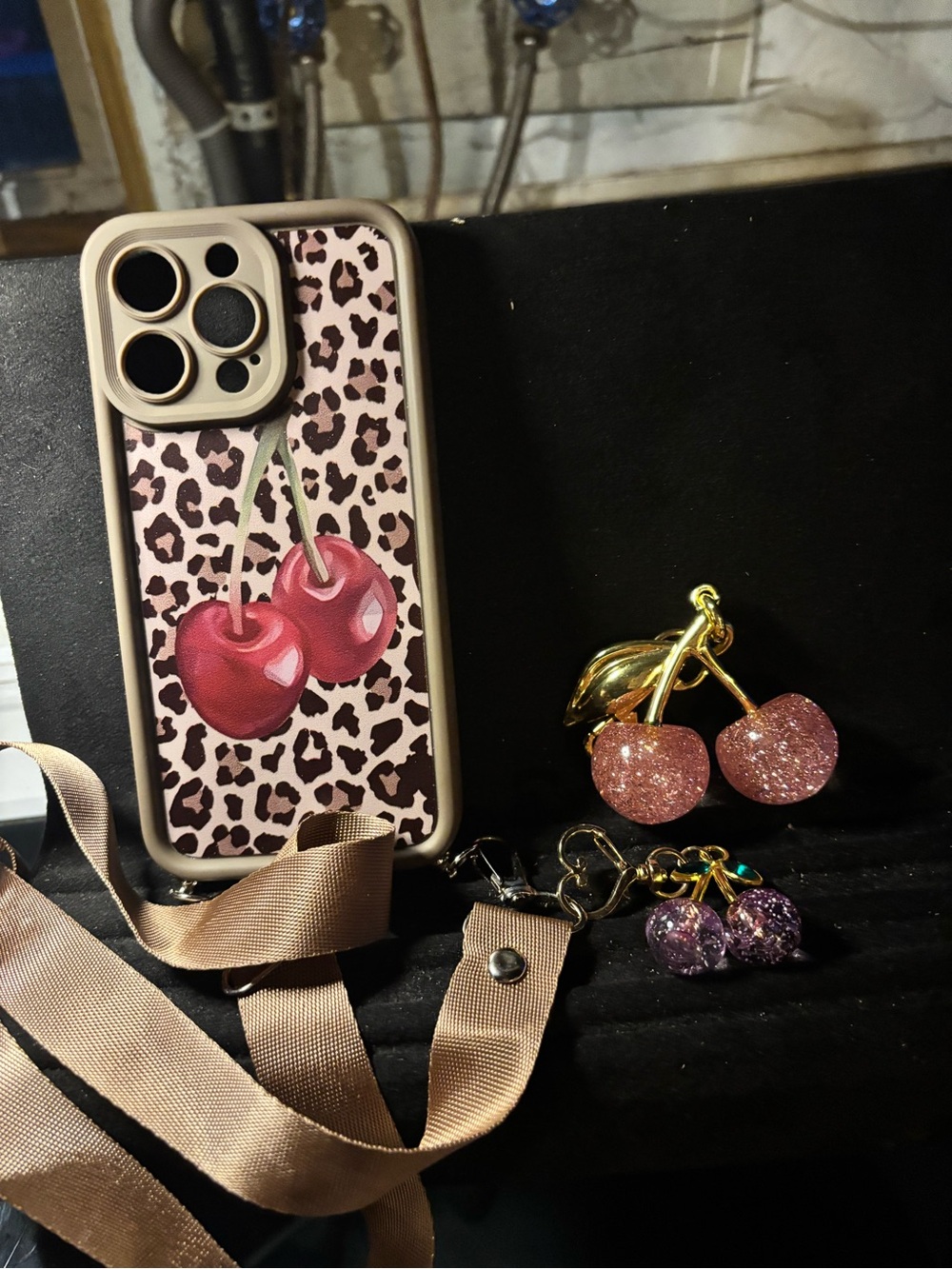 Cherry phone case with large and small cherrys included